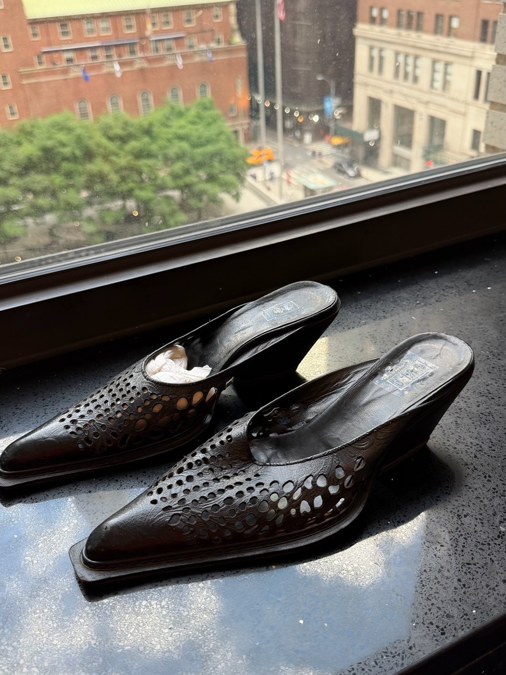 ITALY Cowboy Style/asymmetric heels Black Perforated Leather Mule Heels. Size 8